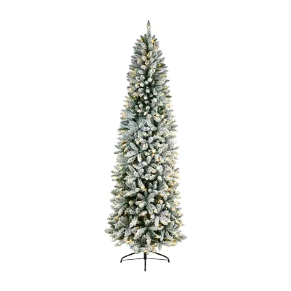 Nearly Natural Slim Flocked Faux 8 Foot Pre-Lit Fir Christmas Tree