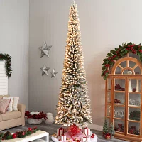 Nearly Natural Flocked Pencil Faux 12 Foot Pre-Lit Christmas Tree