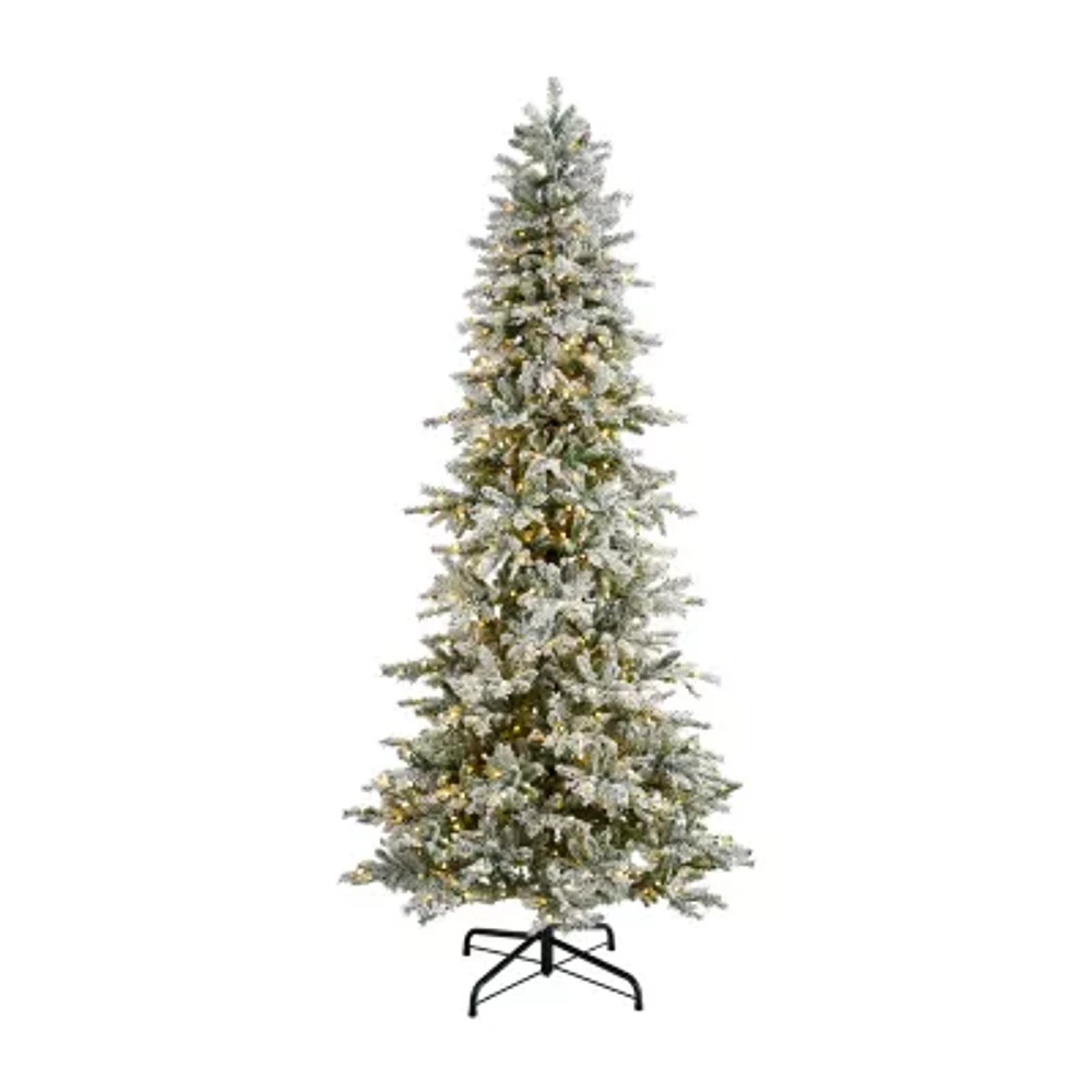 Nearly Natural Slim Flocked Faux 9 1/2 Foot Pre-Lit Spruce Christmas Tree