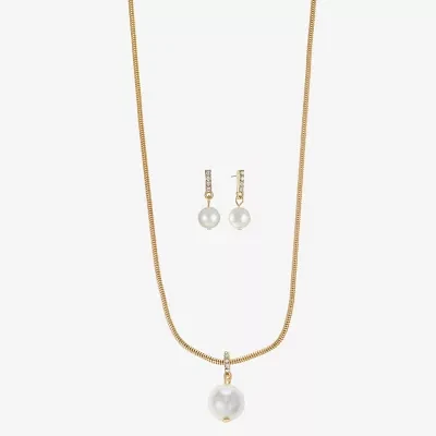 Liz Claiborne Gold Tone Pendant Necklace And Drop Earring 2-pc. Simulated Pearl Round Jewelry Set