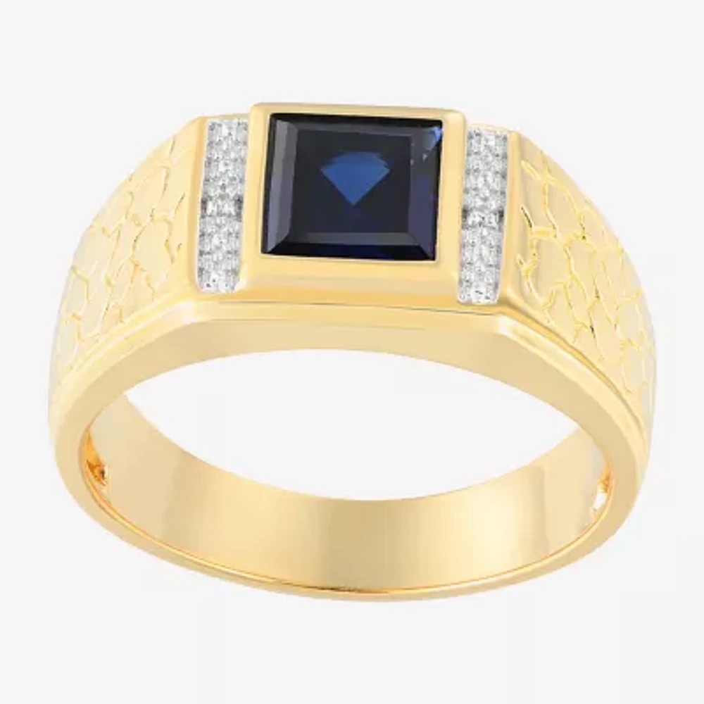 Mens Diamond Accent Lab Created Blue Sapphire Sterling Silver Fashion Ring