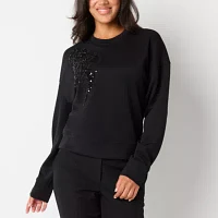 Worthington Womens Crew Neck Embellished Long Sleeve Pullover Sweater