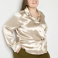 Worthington Plus Womens Long Sleeve Satin Blouse