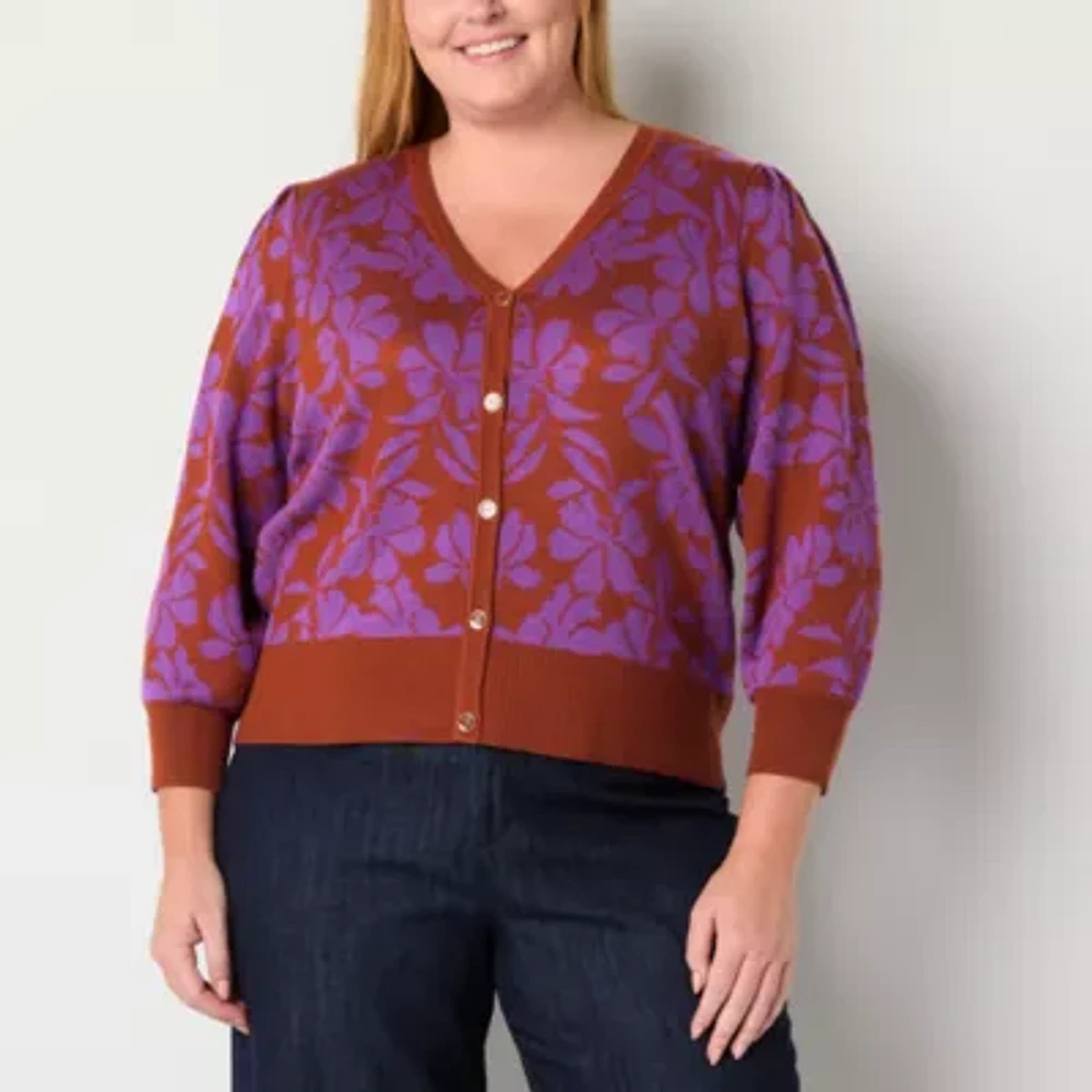 Liz Claiborne Plus Womens V Neck 3/4 Sleeve Button Floral Cardigan