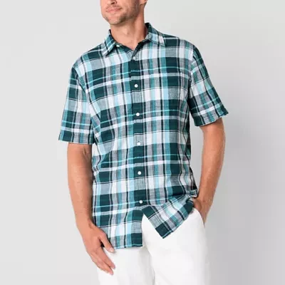 St. John's Bay Linen Blend Mens Classic Fit Short Sleeve Button-Down Shirt