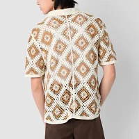 Mens Short Sleeve Button-Down Crochet Shirt