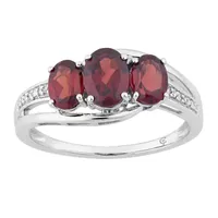 Womens Genuine Red Garnet 10K White Gold Oval 3-Stone Cocktail Ring