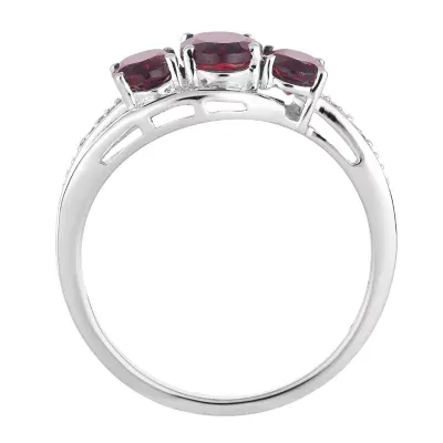 Womens Genuine Red Garnet 10K White Gold Oval 3-Stone Cocktail Ring