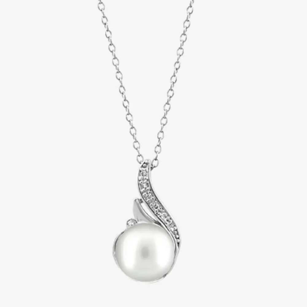 Effy Womens Diamond Accent White Cultured Freshwater Pearl Sterling Silver Pendant Necklaces