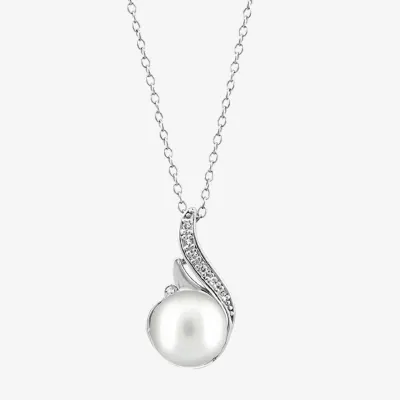 Effy  Womens Diamond Accent White Cultured Freshwater Pearl Sterling Silver Pendant Necklace