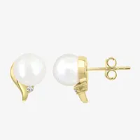 Effy  Diamond Accent Genuine White Cultured Freshwater Pearl 14K Gold Over Silver 14mm Ball Stud Earrings