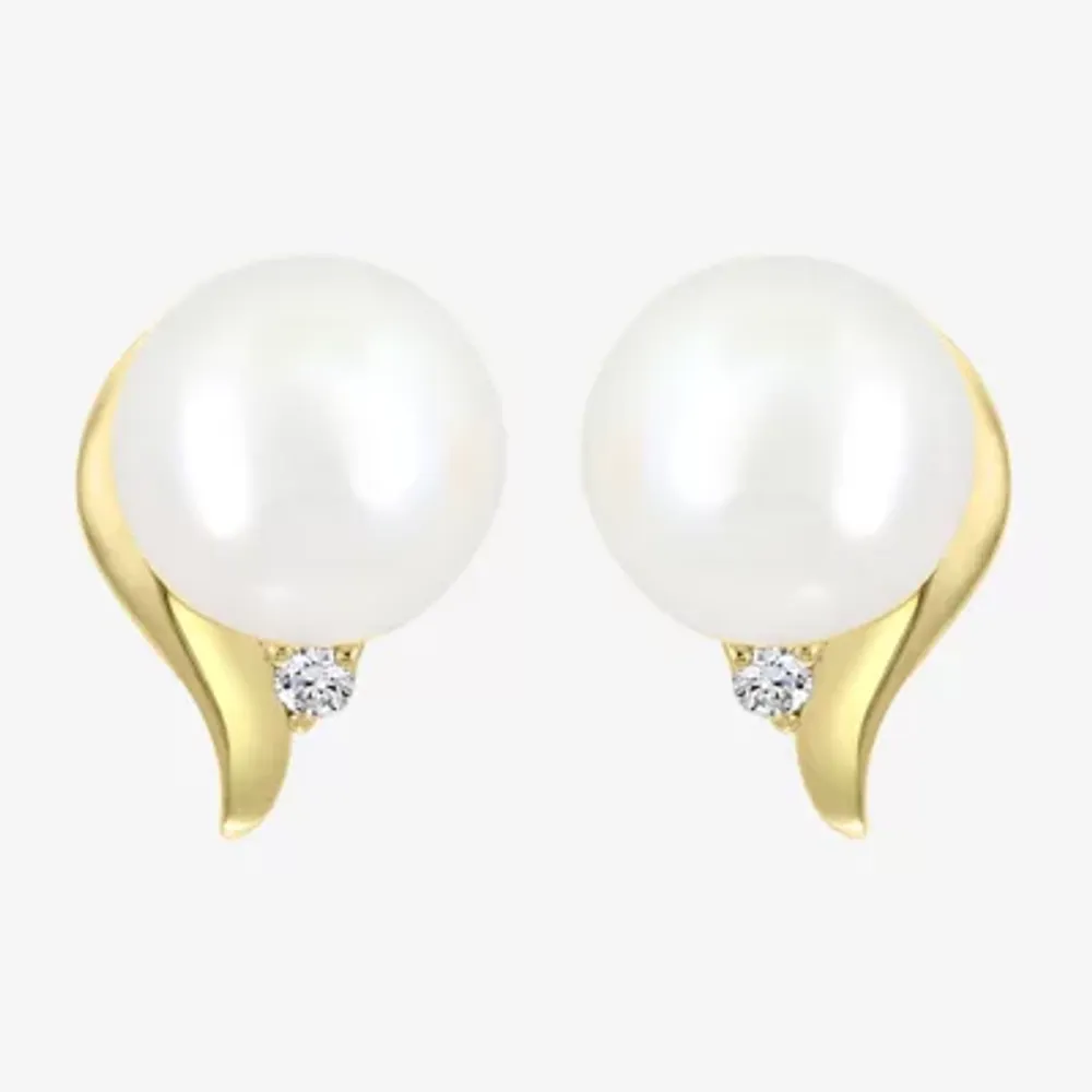 Effy  Diamond Accent Genuine White Cultured Freshwater Pearl 14K Gold Over Silver 14mm Ball Stud Earrings