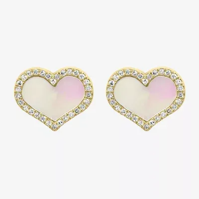 Effy 1/7 CT. T.W. Diamond & Genuine White Mother Of Pearl 14K Gold Over Silver Heart Stud Earrings
