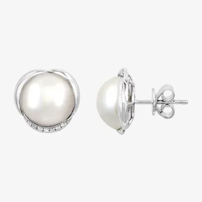 Effy  Diamond Accent White Cultured Freshwater Pearl Sterling Silver 13.7mm Stud Earrings