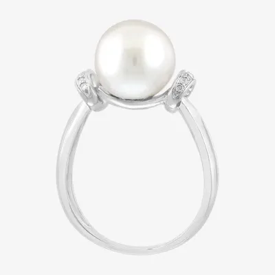 Effy  Womens Diamond Accent 10MM White Cultured Freshwater Pearl Sterling Silver Cocktail Ring