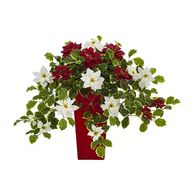 Nearly Natural 23in. Faux Poinsettia Holly Plant Green Christmas Tabletop Decor