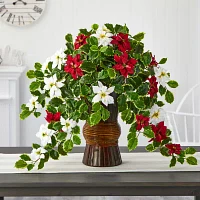 Nearly Natural 22.5in. Faux Poinsettia Holly Plant Christmas Tabletop Decor