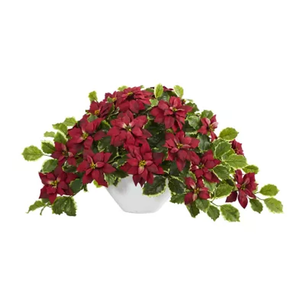 Nearly Natural 13in. Faux Poinsettia Holly Plant Green Christmas Tabletop Decor