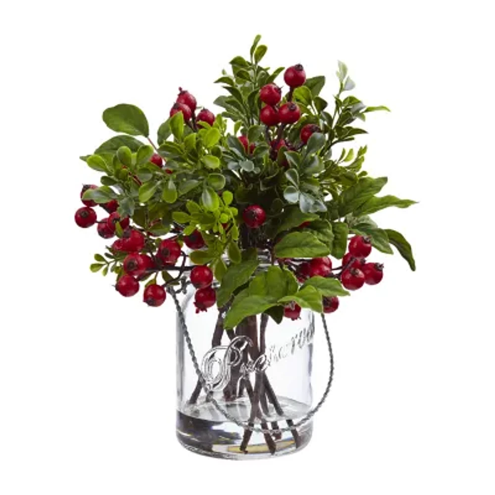 Nearly Natural 11in. Faux Boxwood Berry Flower Arrangement Christmas Tabletop Decor