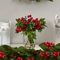 Nearly Natural 11in. Faux Boxwood Berry Flower Arrangement Christmas Tabletop Decor