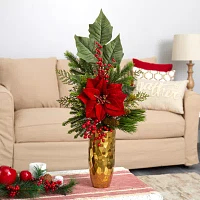 Nearly Natural Faux Poinsettia Berry Pine Pinecone Arrangement Christmas Tabletop Decor