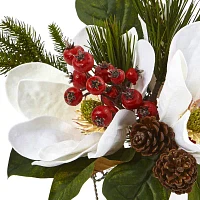 Nearly Natural 12in. Faux Magnolia Arrangement White Christmas Tabletop Decor