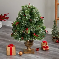 Nearly Natural 3' Snow Tip Greenery Faux Plant Lighted Christmas Tabletop Decor