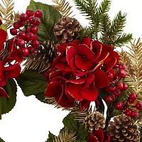 Nearly Natural 24in. Faux Hydrangea Pine Indoor Christmas Wreath