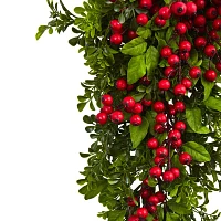 Nearly Natural 26in. Berry Boxwood Teardrop Indoor Christmas Wreath