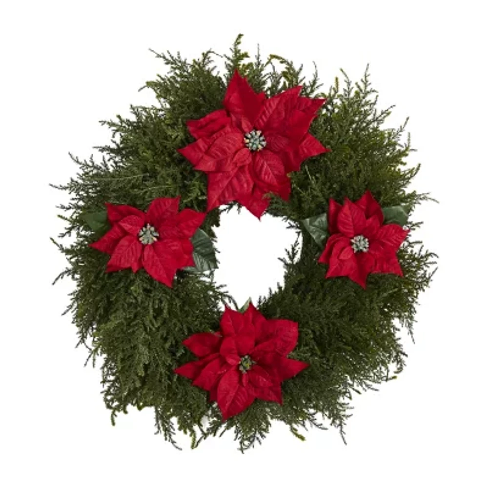 Nearly Natural 24in. Faux Cedar Poinsettia Indoor Christmas Wreath