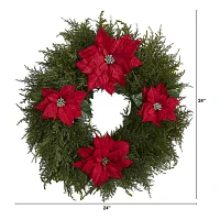 Nearly Natural 24in. Faux Cedar Poinsettia Indoor Christmas Wreath