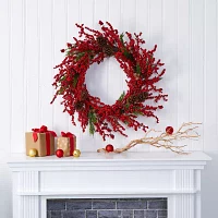 Nearly Natural 34in. Cypress Faux With Berries Indoor Christmas Wreath