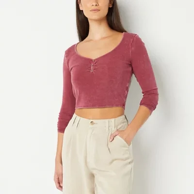 Arizona Womens Henley Neck Long Sleeve Crop Top Juniors