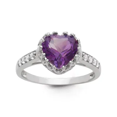 Womens Genuine Purple Amethyst Sterling Silver Heart Cocktail Ring