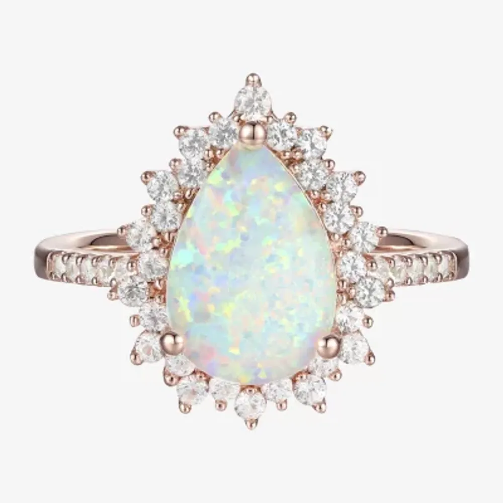 Womens Lab Created White Opal 14K Rose Gold Over Silver Cocktail Ring