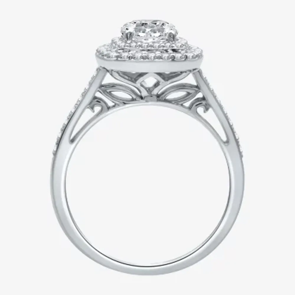 Signature By Modern Bride (H-I / I1) Womens 1 1/ CT. T.W. Lab Grown White Diamond 10K Gold Cushion Side Stone Halo Engagement Ring