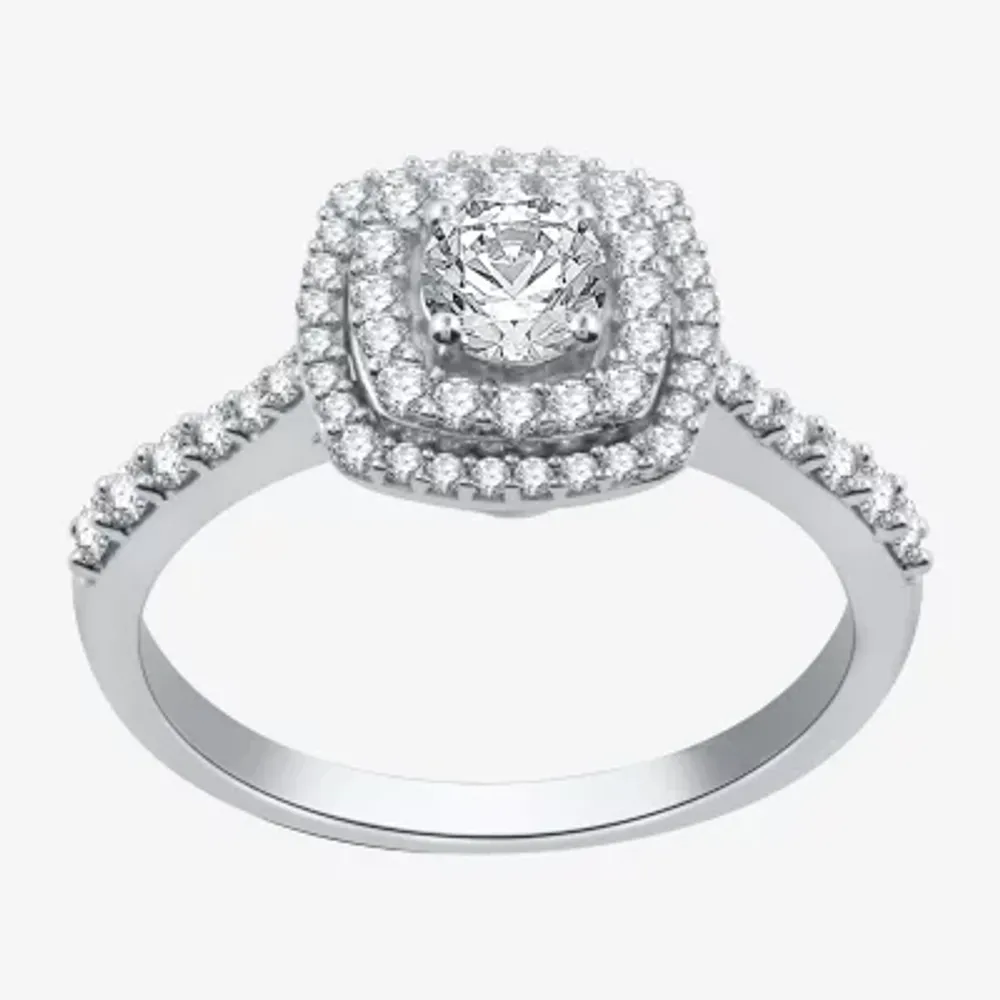 Signature By Modern Bride Womens 3/4 CT. T.W. Natural Diamond 10K White Gold Side Stone Halo Engagement Ring