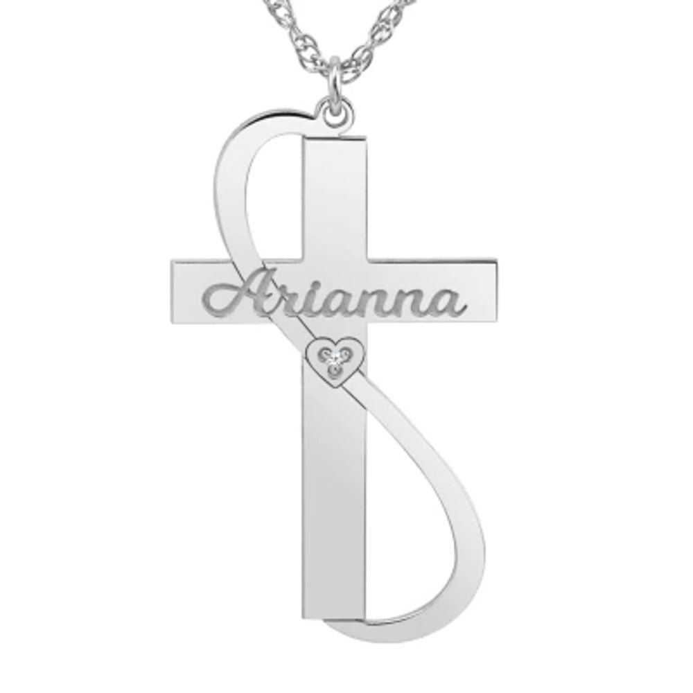 Womens White Diamond Accent Personalized Cross Pendant Necklace