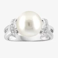 Effy  Womens Diamond Accent 10MM White Cultured Freshwater Pearl Sterling Silver Cocktail Ring