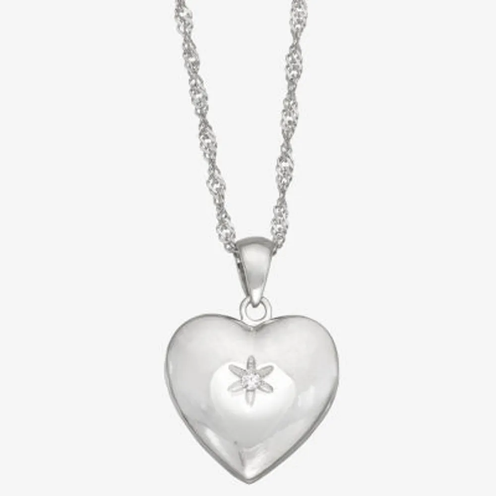 Womens 1/10 CT. White Cubic Zirconia Sterling Silver Heart Locket Necklace