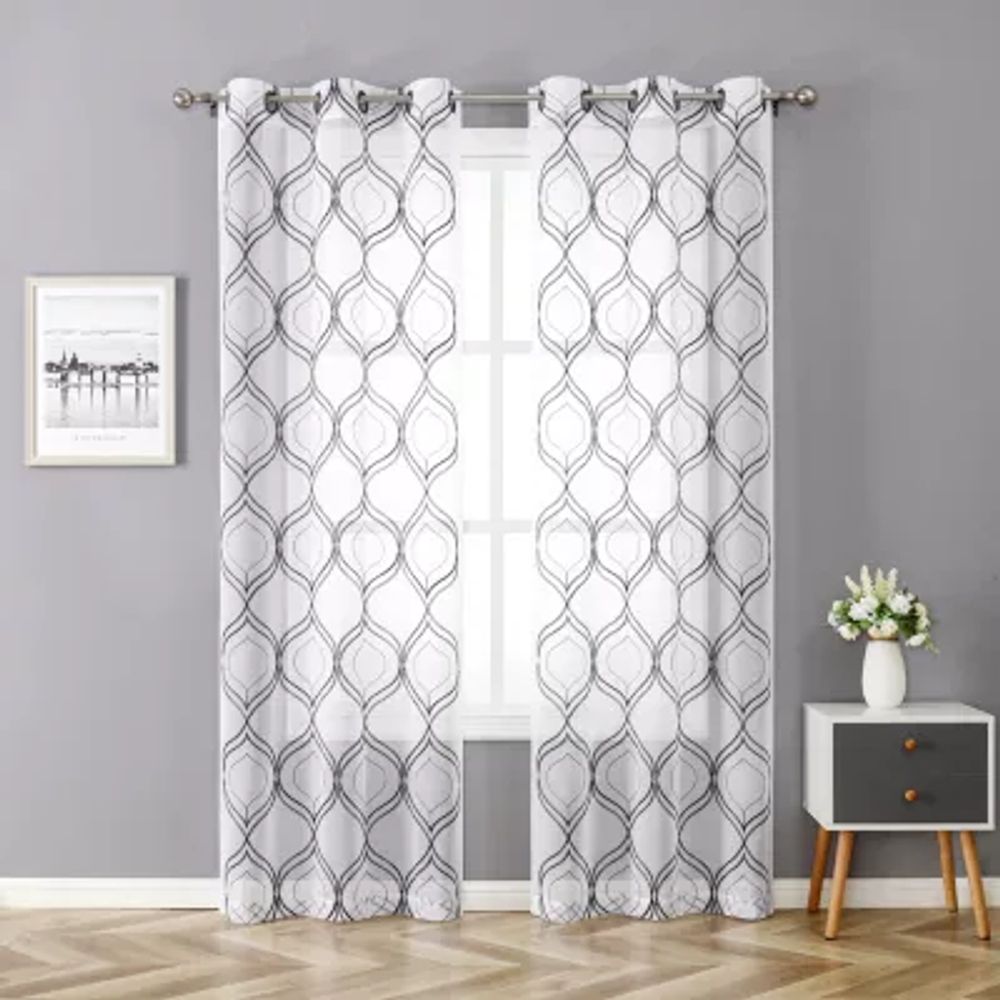 Regal Home Layla Matte Embroidered Sheer Grommet Top Set of 2 Curtain Panel