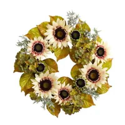 Nearly Natural "24"" Sunflower  Hydrangea Faux" Indoor Wreath