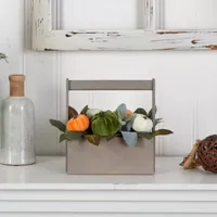 Nearly Natural 10" Fall Pumpkin In Wood Basket Floral Arrangement