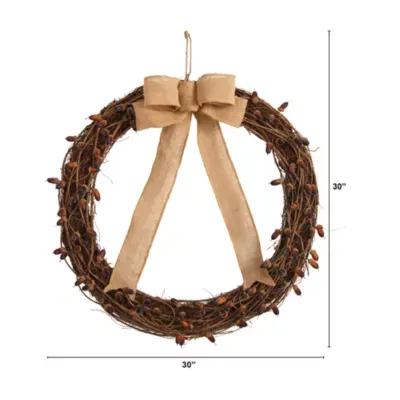 Nearly Natural "30"" Fall Acorn And Bow Autumn" Indoor Wreath