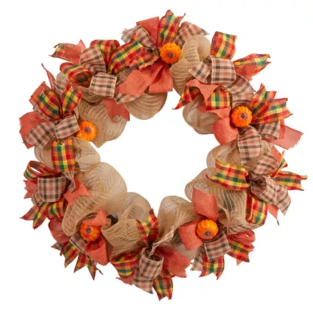 Nearly Natural 30" Autumn Pumpkin With Bows Wreath