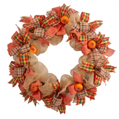 Nearly Natural "30"" Autumn Pumpkin With Bows" Indoor Wreath