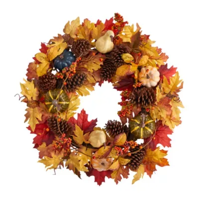 Nearly Natural 26" Pumpkin Gourd  Maple Leaf Wreath