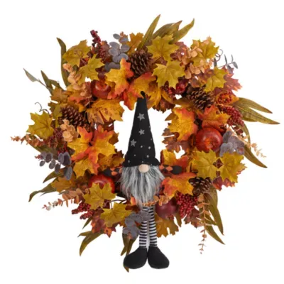 Nearly Natural "28"" Harvest Fall Gnome Faux" Indoor Wreath