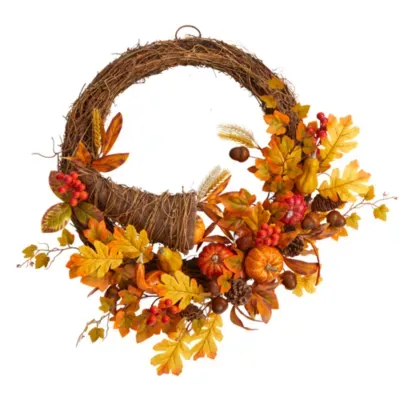 Nearly Natural "26"" Autumn Faux Cornucopia Fall" Indoor Wreath