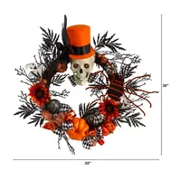 Nearly Natural 30" Spider  Skull With Top Hat Wreath